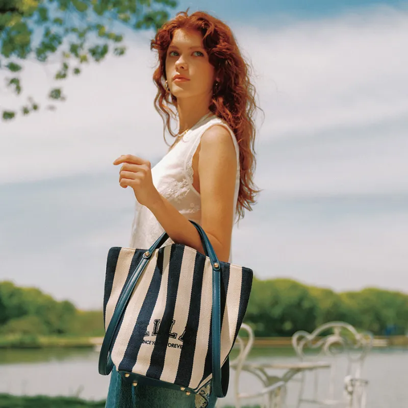 ELLE Fabric Tote One Shoulder Handbag Women's Blue-3