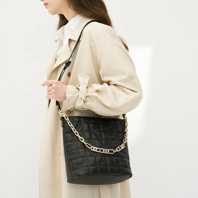 ELLE Cow Leather Crossbody Bag Regular Women's Black/Ivory White-4