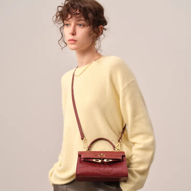 ELLE Crocodile Pattern Cow Leather Handbag Women's Multicolor-9