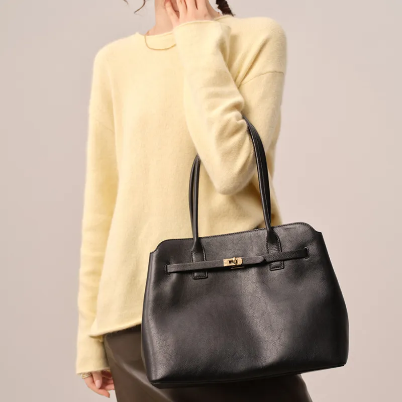 ELLE Cow Leather Top Grain Cow Leather Large Size Women's Black/Tan-4