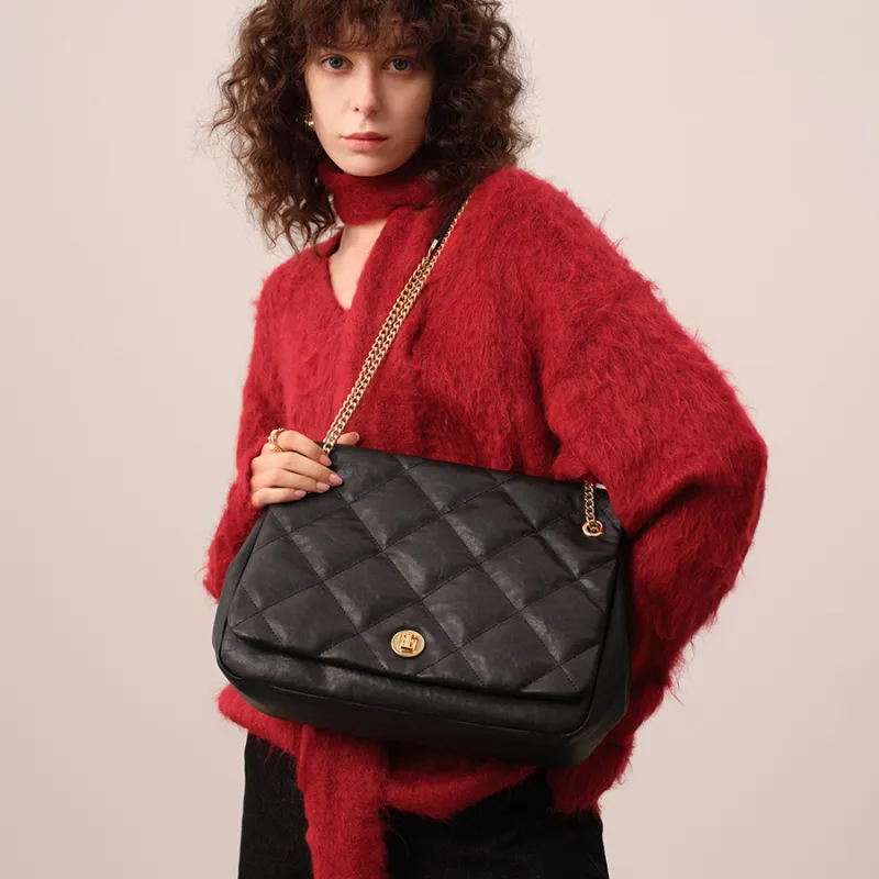 ELLE Synthetic Leather Shoulder Bag, Crossbody Bag, Flap Bag, Large Bag Women's Black/Caramel-4