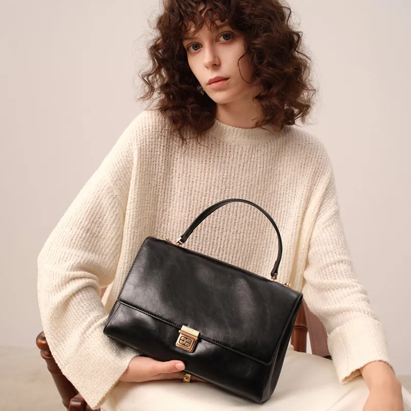 ELLE Oil Wax Cow Leather One Shoulder Portable Crossbody Flap Bag Women's Black/Tea Brown-3