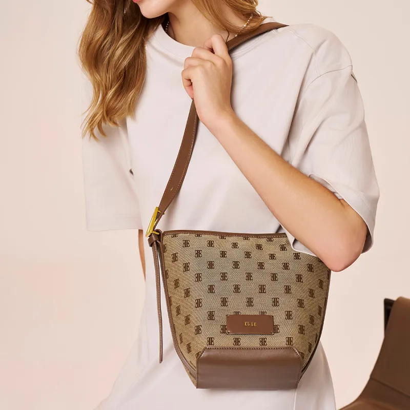 ELLE Fabric Multi Compartment With Leather Large Bucket Shoulder Bag Medium Size Women's Multicolor-11