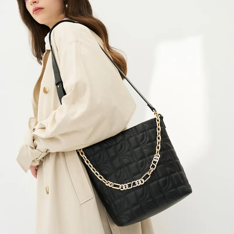 ELLE Cow Leather Crossbody Bag Regular Women's Black/Ivory White-3