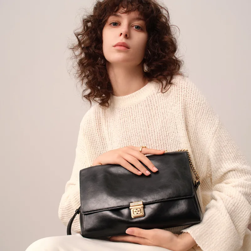 ELLE Oil Wax Cow Leather One Shoulder Portable Crossbody Flap Bag Women's Black/Tea Brown-4