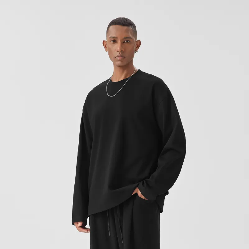 Bodydream American Loose Fit Solid Color Crew Neck Long Sleeved T Shirt Unisex-9
