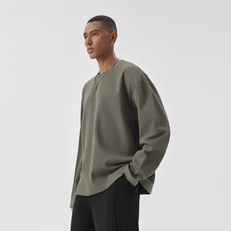 Bodydream American Loose Fit Solid Color Crew Neck Long Sleeved T Shirt Unisex-2