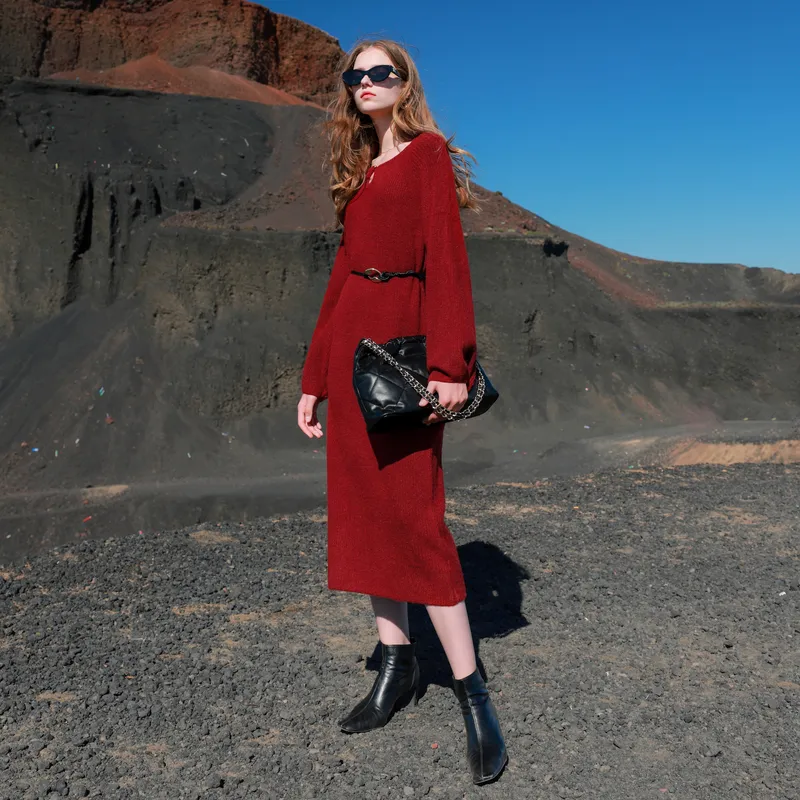 3COLOUR Long Sleeved Dresses Women's Cherry Red-5
