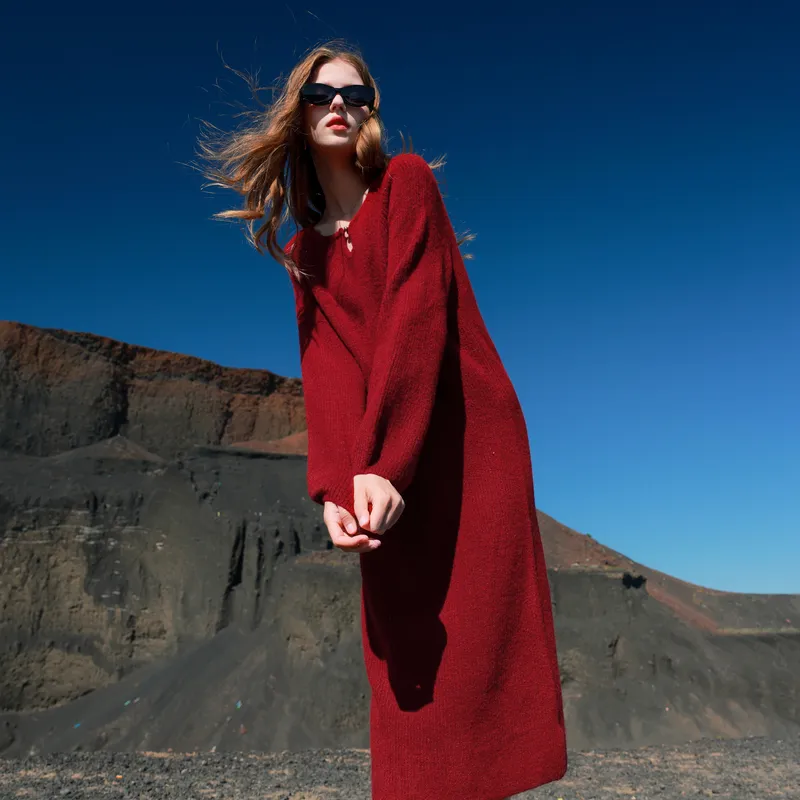 3COLOUR Long Sleeved Dresses Women's Cherry Red-2