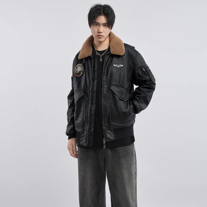 VIP Detachable Fur Collar Biker Leather Jacket With Thickened Warm Puffer Jacket Men's-2