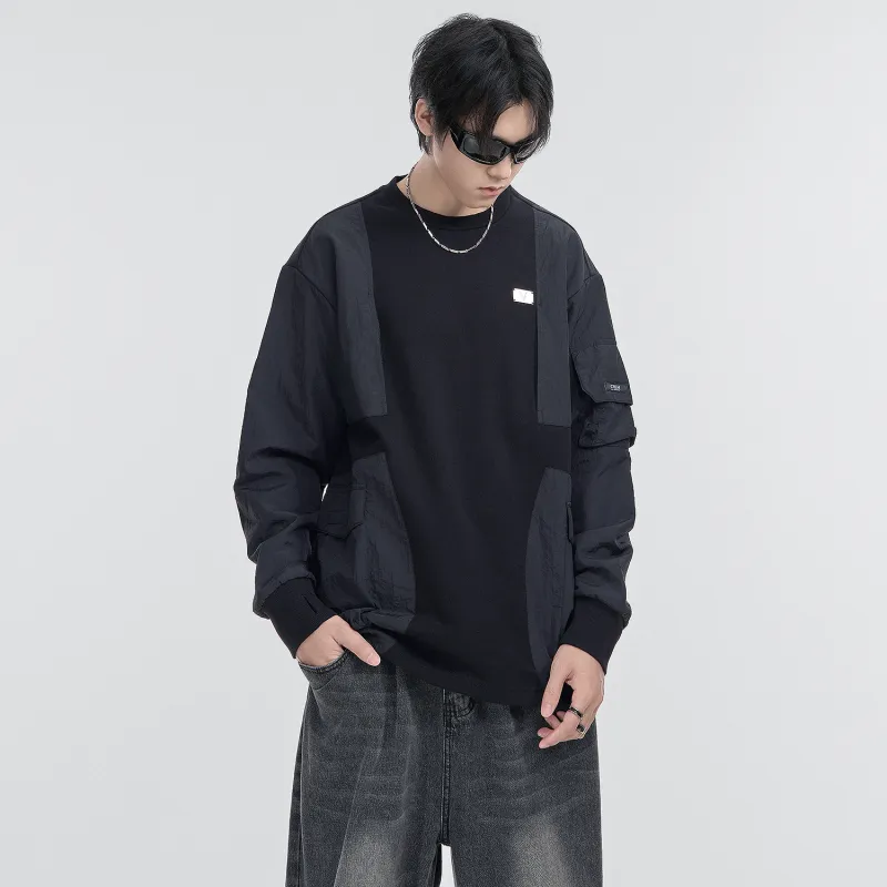 VIP Patchwork Design Long Sleeve Crew Neck Sweatshirt With Multiple Pockets Unisex Black-5