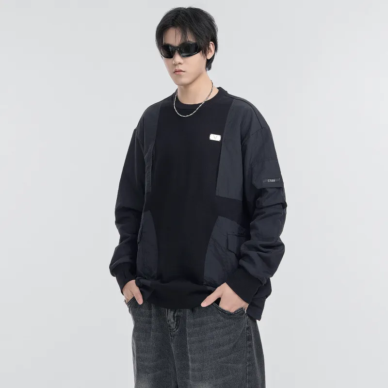 VIP Patchwork Design Long Sleeve Crew Neck Sweatshirt With Multiple Pockets Unisex Black-3