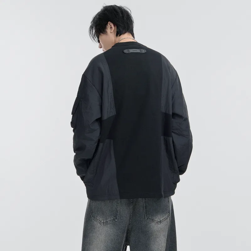 VIP Patchwork Design Long Sleeve Crew Neck Sweatshirt With Multiple Pockets Unisex Black-6