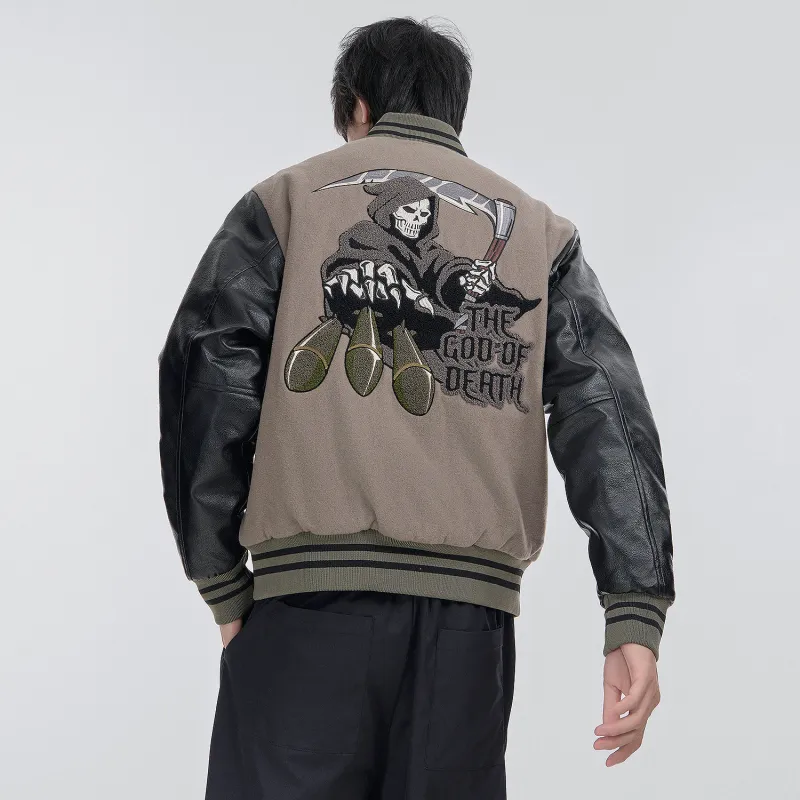 VIP Patchwork Leather Sleeves Wool Baseball Jacket Fleece Lined Puffer Jacket Unisex Black Gray Color-6