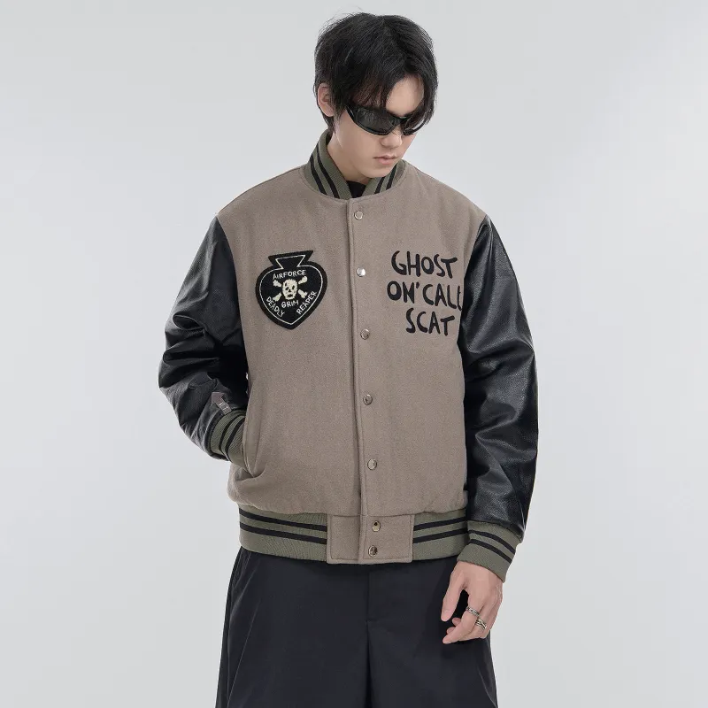 VIP Patchwork Leather Sleeves Wool Baseball Jacket Fleece Lined Puffer Jacket Unisex Black Gray Color-5