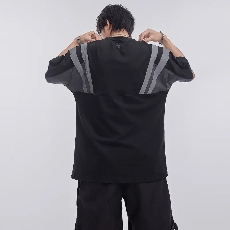VIP Reflective Stripe Color Blocking Patchwork Crew Neck Short Sleeved T Shirts Men's Black-2