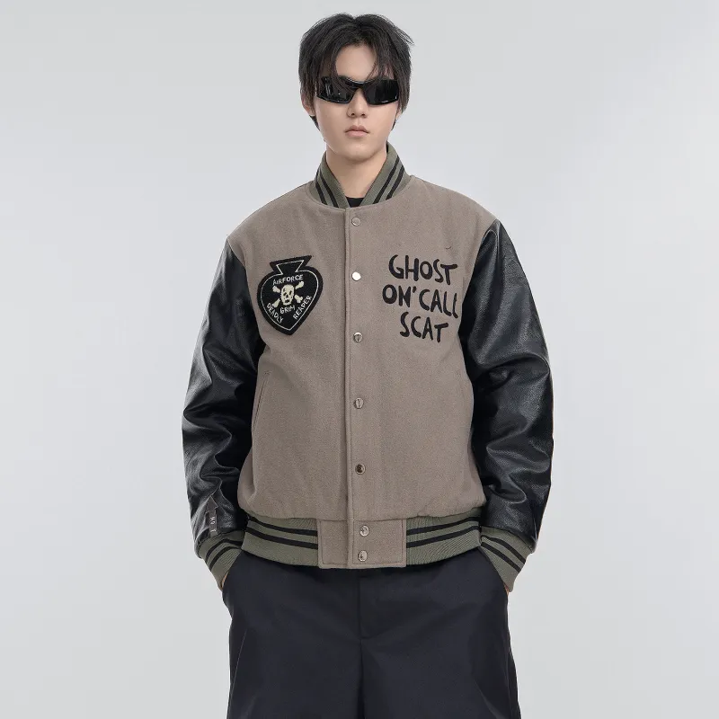 VIP Patchwork Leather Sleeves Wool Baseball Jacket Fleece Lined Puffer Jacket Unisex Black Gray Color-4