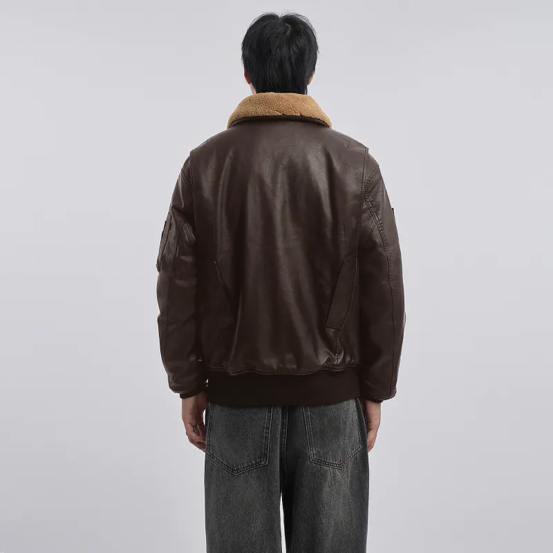 VIP Detachable Fur Collar Biker Leather Jacket With Thickened Warm Puffer Jacket Men's-12