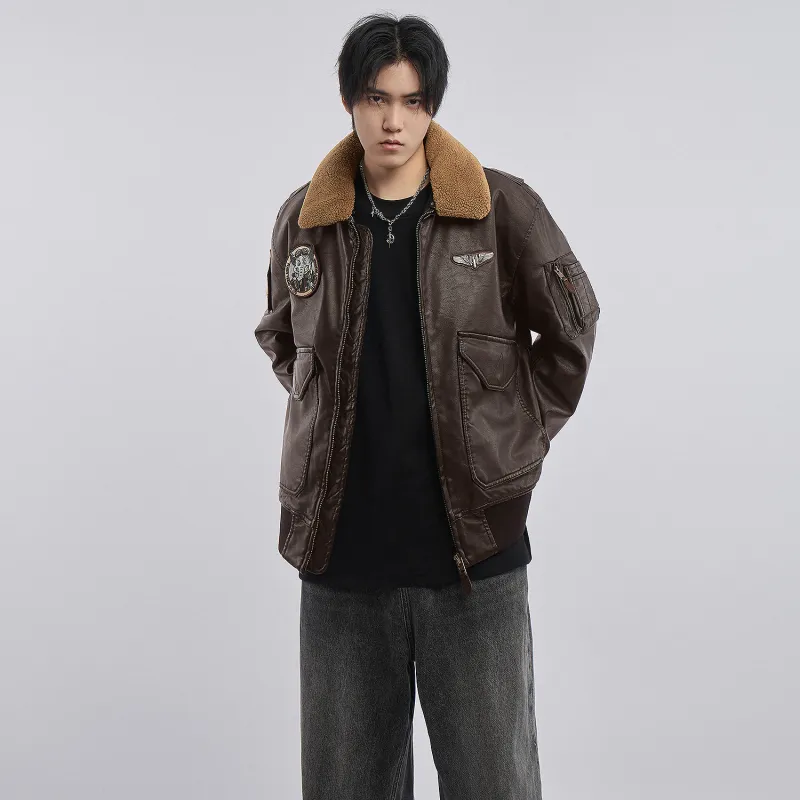 VIP Detachable Fur Collar Biker Leather Jacket With Thickened Warm Puffer Jacket Men's-11