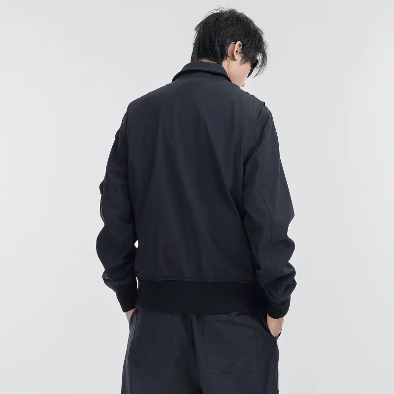 VIP Hook and Loop Embroidered Badge Workwear Lapel Coat Pilot Jacket Unisex Black-7