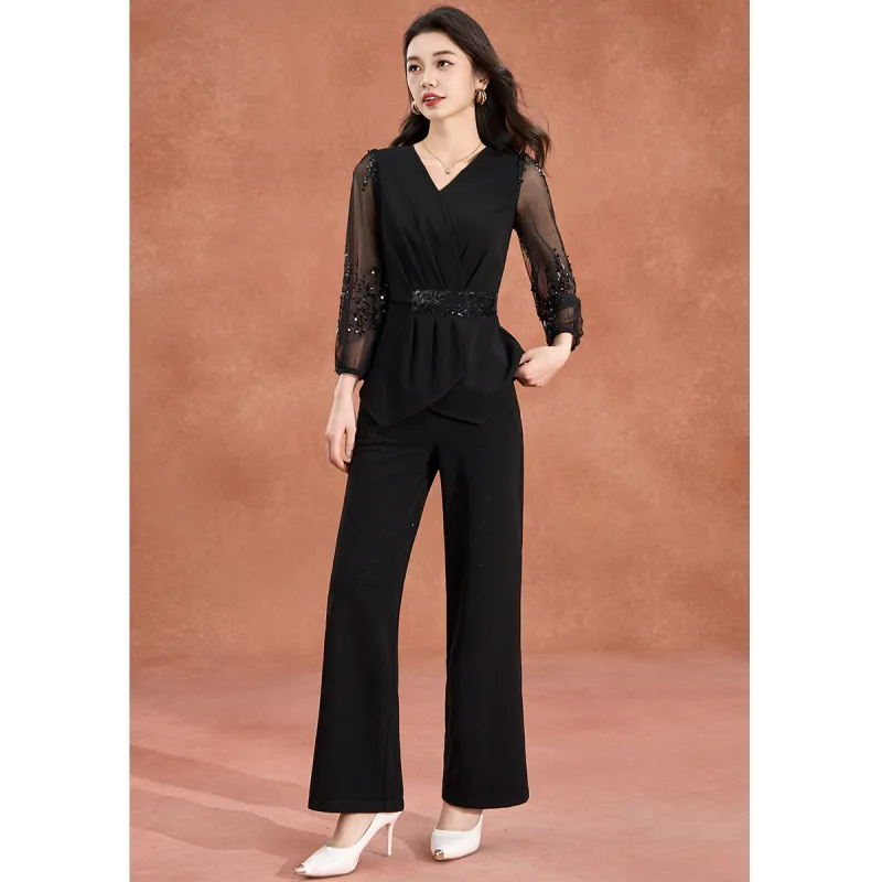 Mylan Spring Fall Casual Suit Cinched Waist Women's Black-6