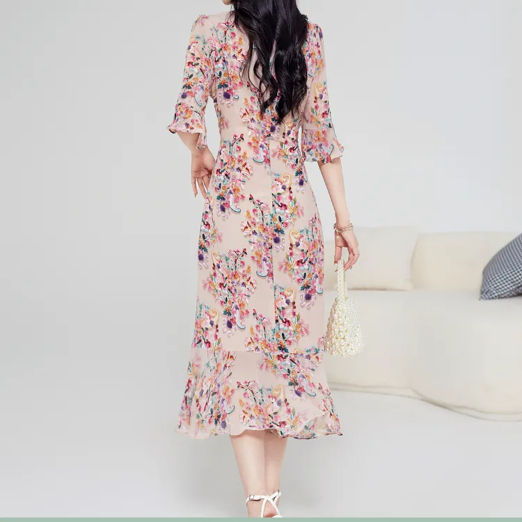 Mylan Long Sleeved Dress Women's Apricot With Floral-3