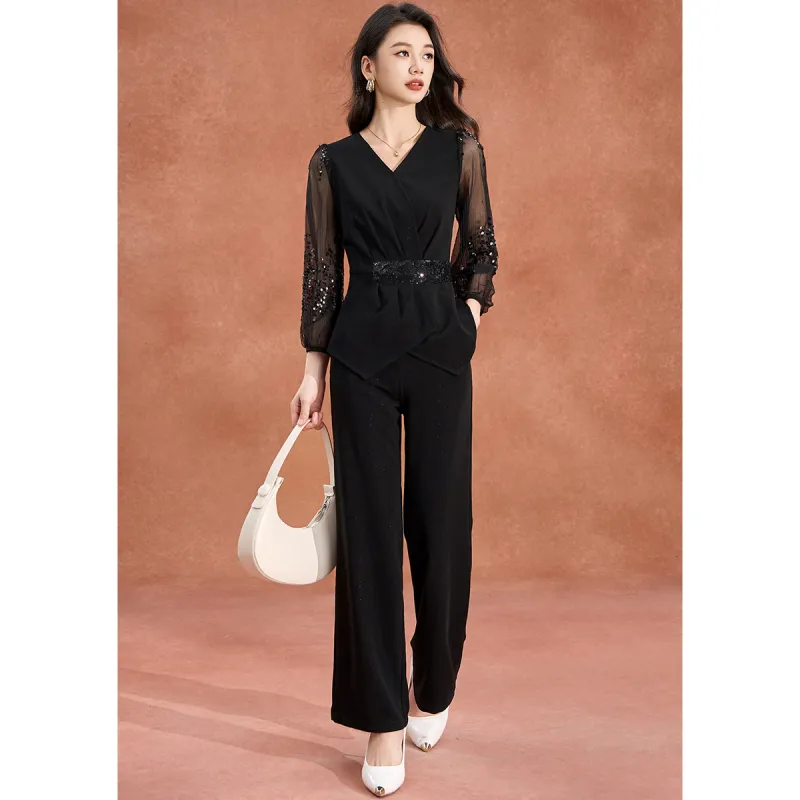Mylan Spring Fall Casual Suit Cinched Waist Women's Black-2
