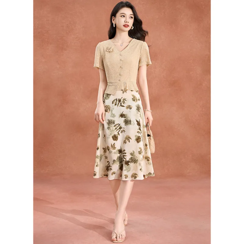 Mylan Short Sleeved Dress Cinched Waist Women's Apricot-2