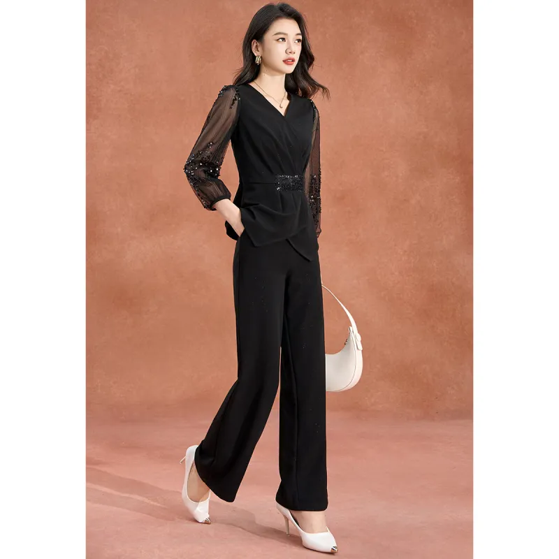 Mylan Spring Fall Casual Suit Cinched Waist Women's Black-4