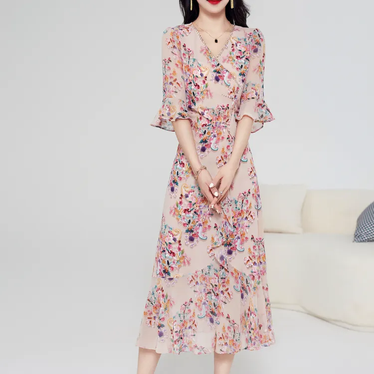 Mylan Long Sleeved Dress Women's Apricot With Floral-1