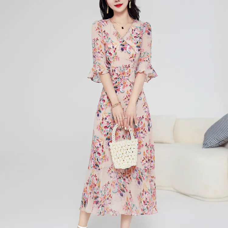 Mylan Long Sleeved Dress Women's Apricot With Floral-2