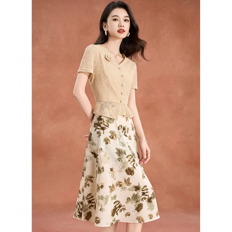 Mylan Short Sleeved Dress Cinched Waist Women's Apricot-3