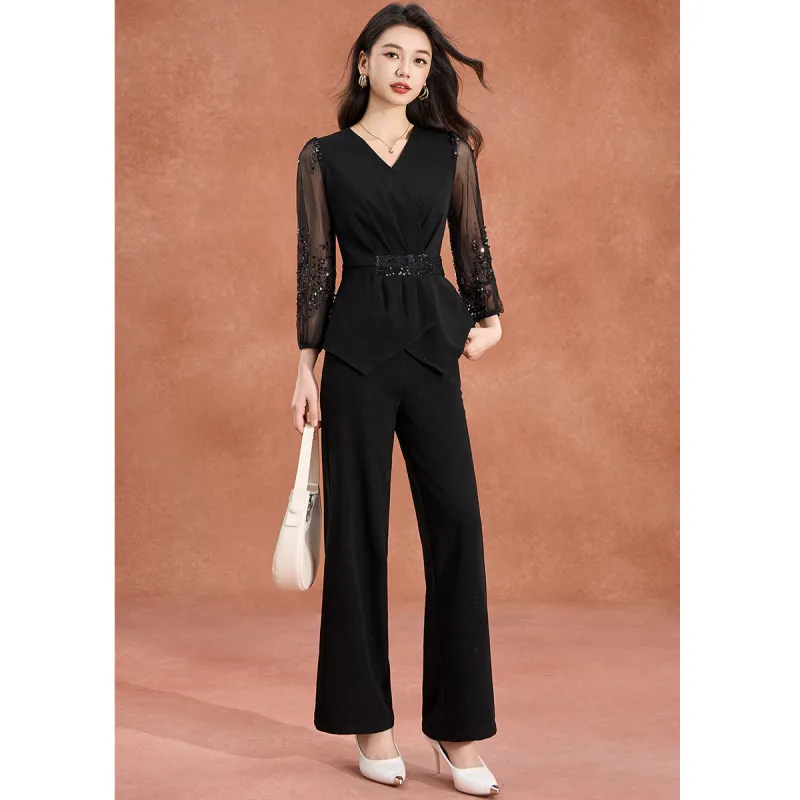 Mylan Spring Fall Casual Suit Cinched Waist Women's Black-7