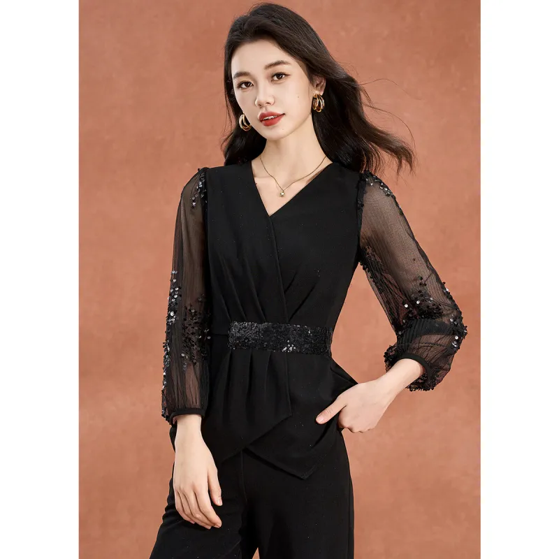 Mylan Spring Fall Casual Suit Cinched Waist Women's Black-5