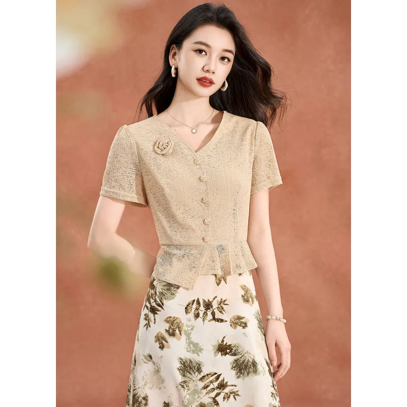Mylan Short Sleeved Dress Cinched Waist Women's Apricot-1
