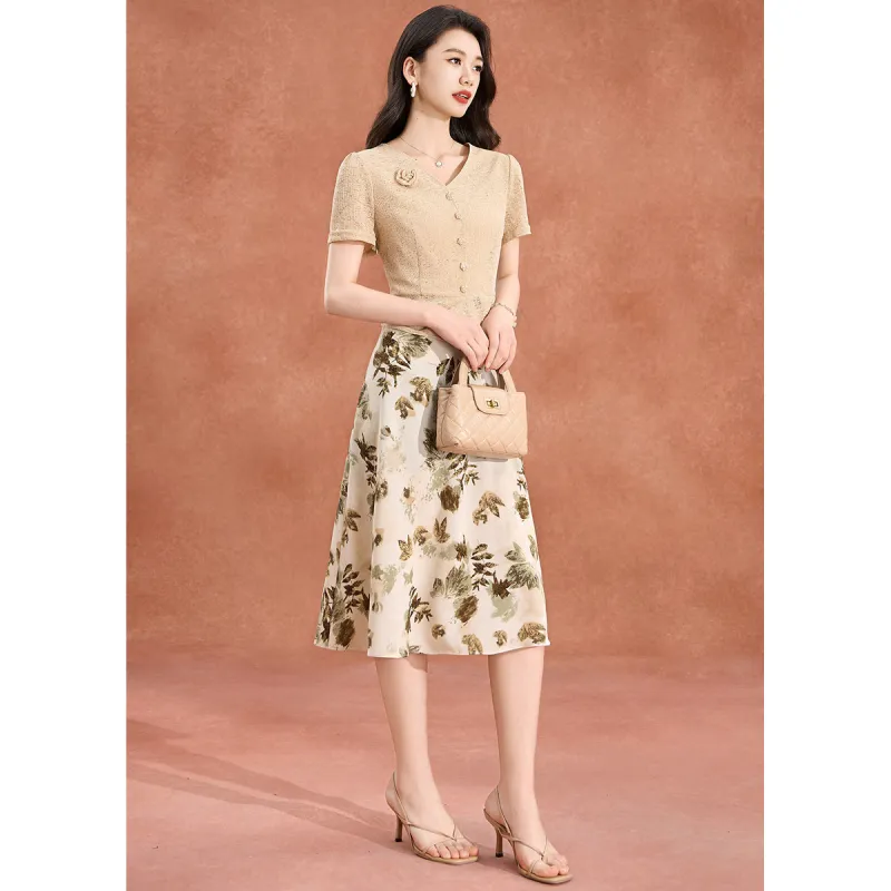 Mylan Short Sleeved Dress Cinched Waist Women's Apricot-4