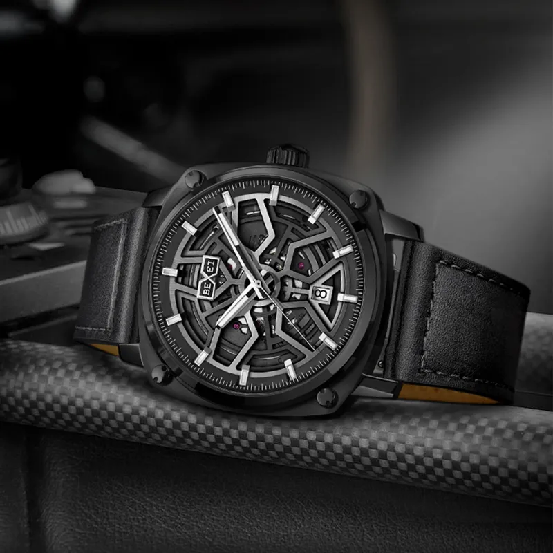 BEXEI Urban Road Mechanical Movement Genuine Leather Strap Watch Men's Watches Black Dial 9057 YKHM-1
