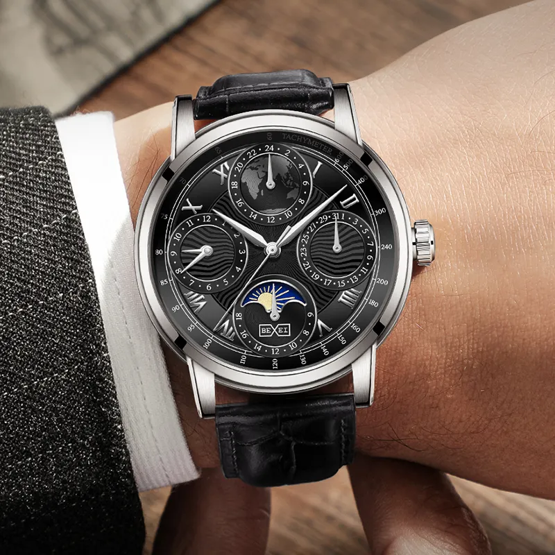 BEXEI Casual Watch Automatic Mechanical Movement Cow Leather Strap Watch Men's Watches White Dial-19