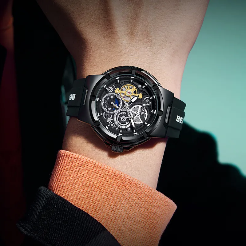BEXEI Black Warrior Mechanical Movement Rubber Strap Watch Men's Watches Cut-Out Dial-4