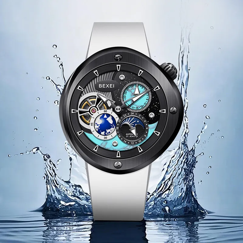 BEXEI The Wandering Earth Automatic Mechanical Movement Fluoroelastomer Strap Watch Men's Watches Black Dial-9