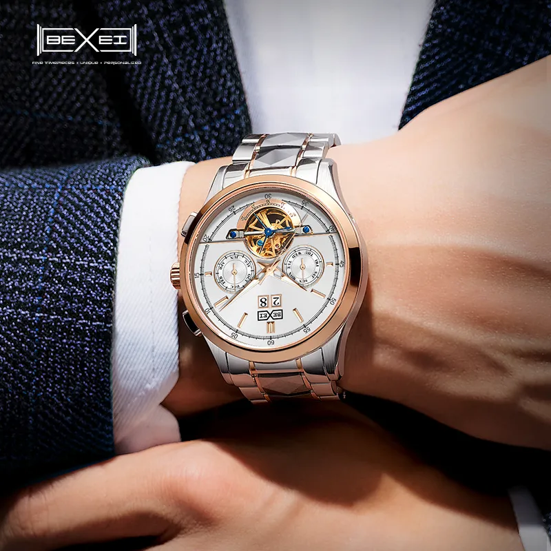 BEXEI Casual Watch Automatic Mechanical Movement Stainless Steel Watchband Watch Men's Watches Black Dial-14