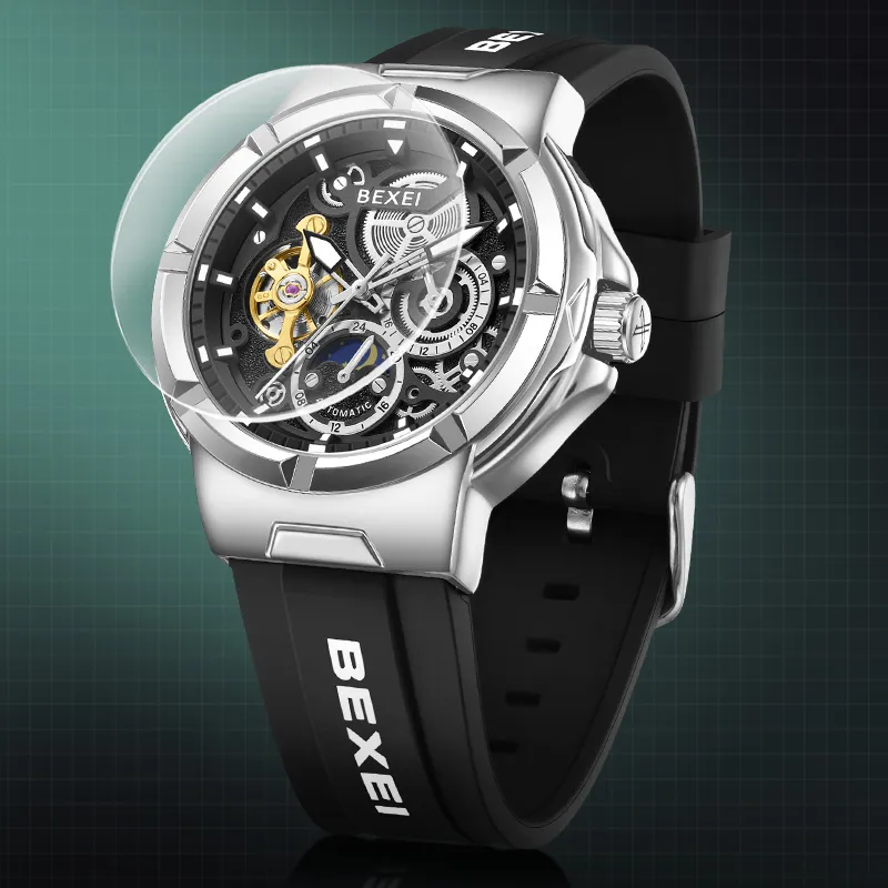 BEXEI Black Warrior Mechanical Movement Rubber Strap Watch Men's Watches Cut-Out Dial-37