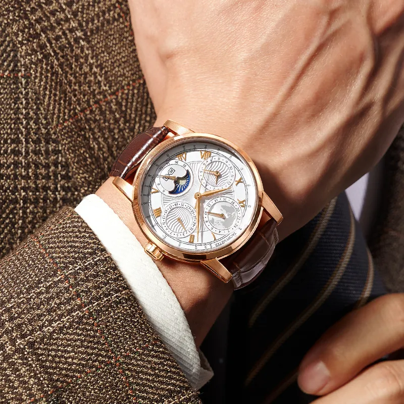 BEXEI Casual Watch Automatic Mechanical Movement Cow Leather Strap Watch Men's Watches White Dial-5