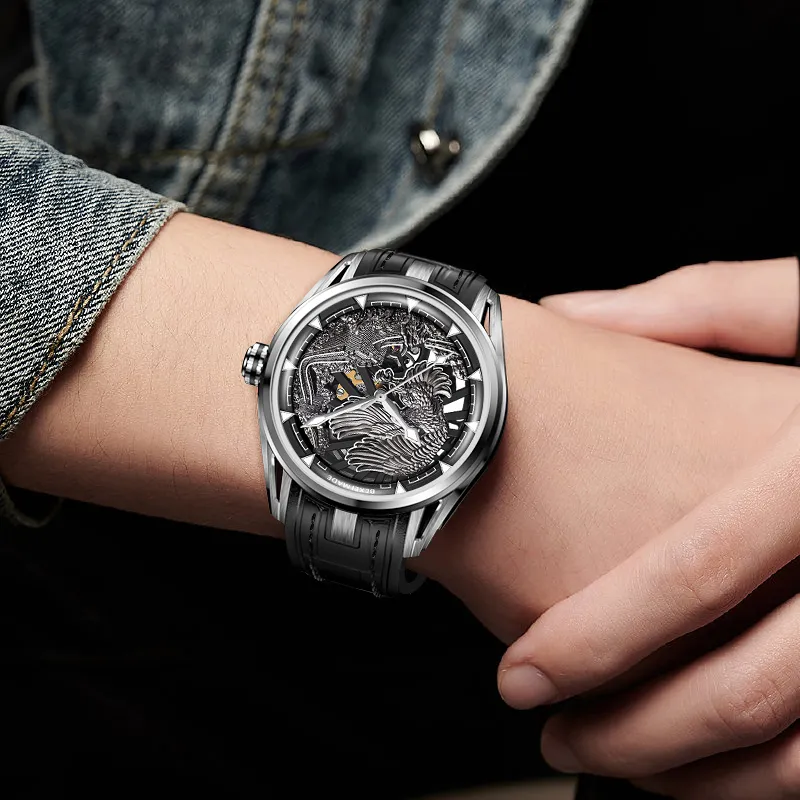 BEXEI Prosperous Journey Collection Automatic Mechanical Movement Rubber Strap Chinese Watches Men's Watches Black Dial-2