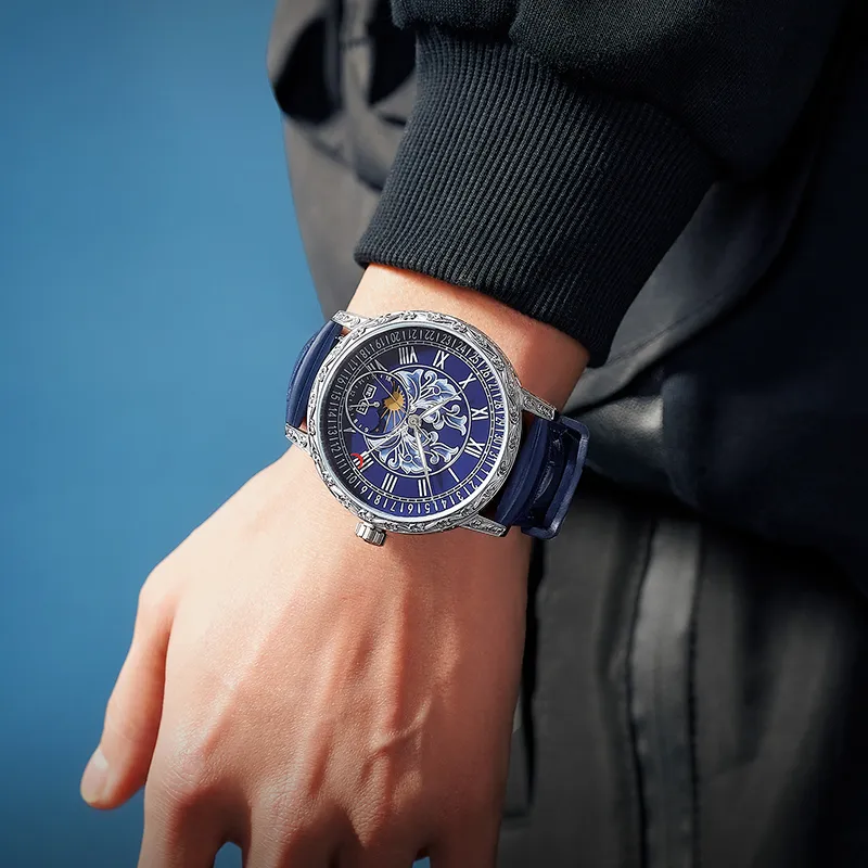 BEXEI Time Series Automatic Mechanical Movement Genuine Leather Strap Watch Men's Watches Blue Dial MC9215-1