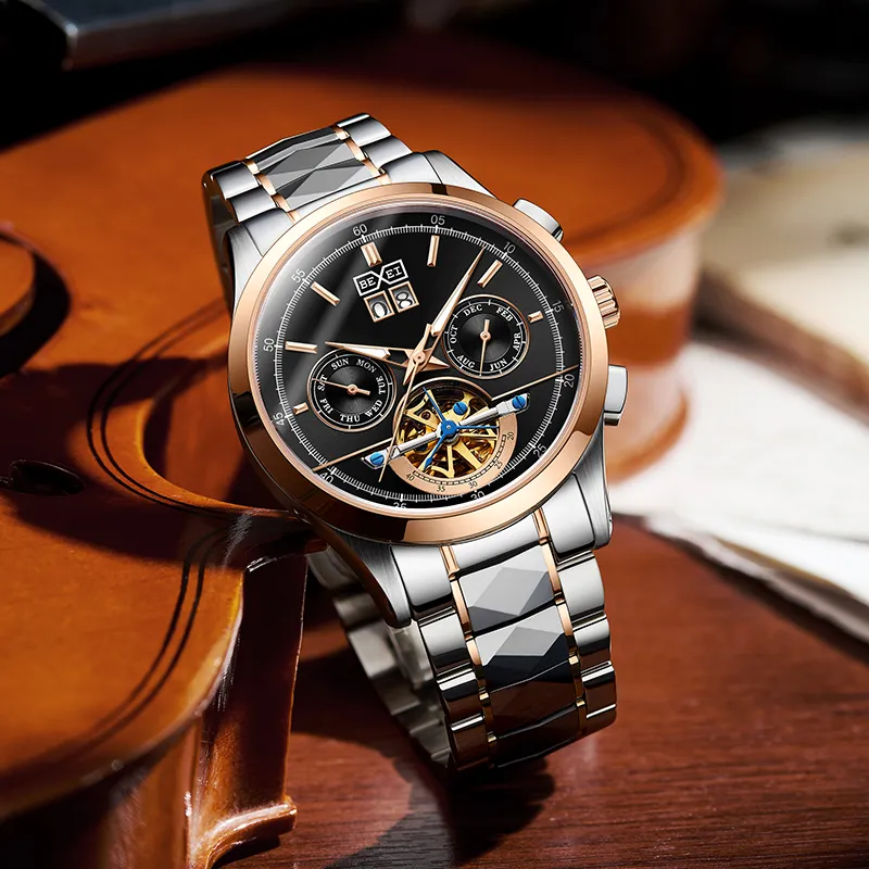 BEXEI Casual Watch Automatic Mechanical Movement Stainless Steel Watchband Watch Men's Watches Black Dial-2
