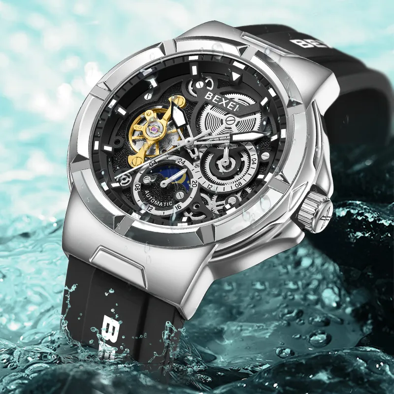 BEXEI Black Warrior Mechanical Movement Rubber Strap Watch Men's Watches Cut-Out Dial-34