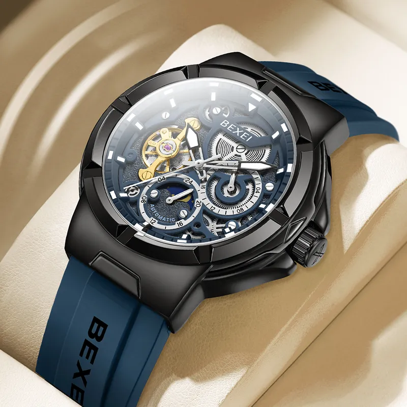 BEXEI Black Warrior Mechanical Movement Rubber Strap Watch Men's Watches Cut-Out Dial-27