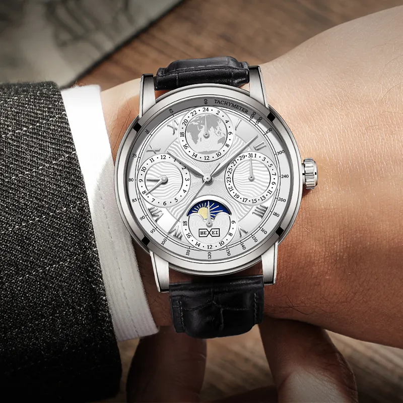 BEXEI Casual Watch Automatic Mechanical Movement Cow Leather Strap Watch Men's Watches White Dial-24