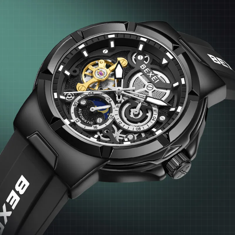 BEXEI Black Warrior Mechanical Movement Rubber Strap Watch Men's Watches Cut-Out Dial-7
